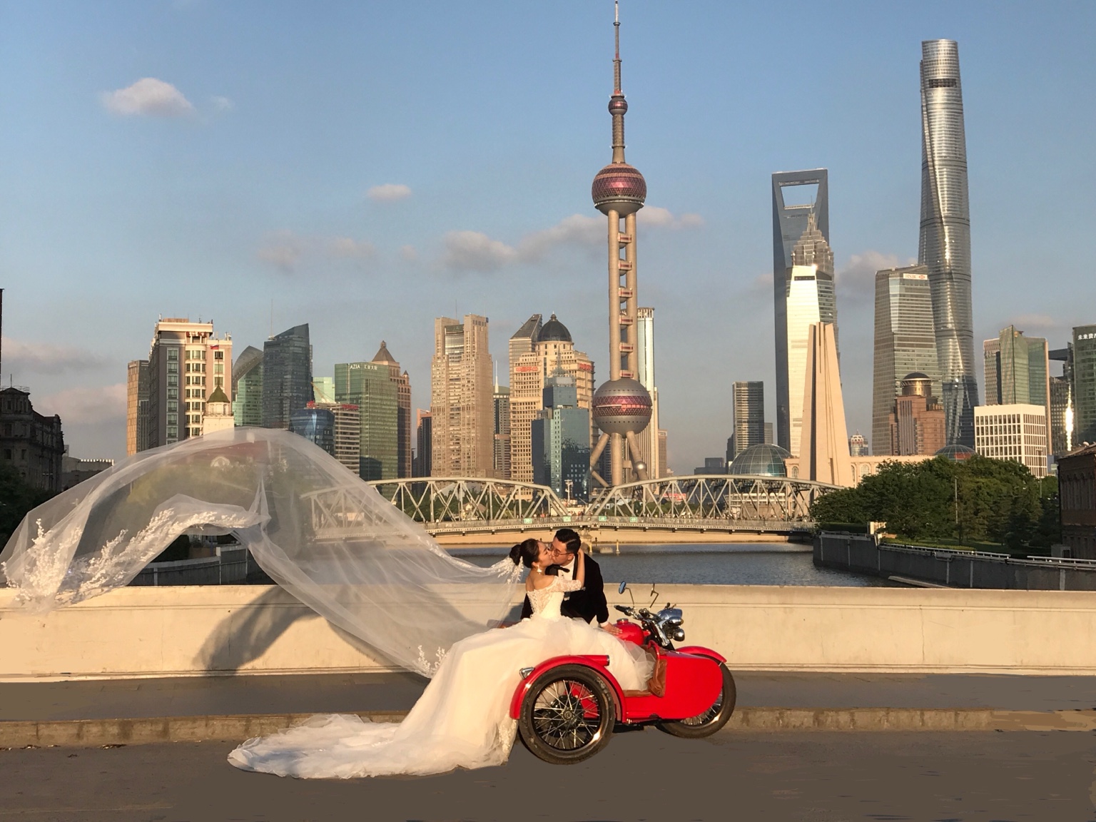Wedding couple with a sidecar