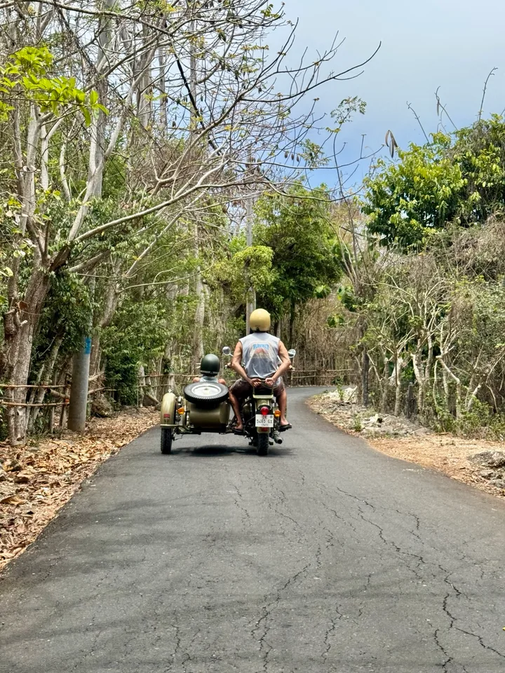 Sidecar travelling along a leafy village road